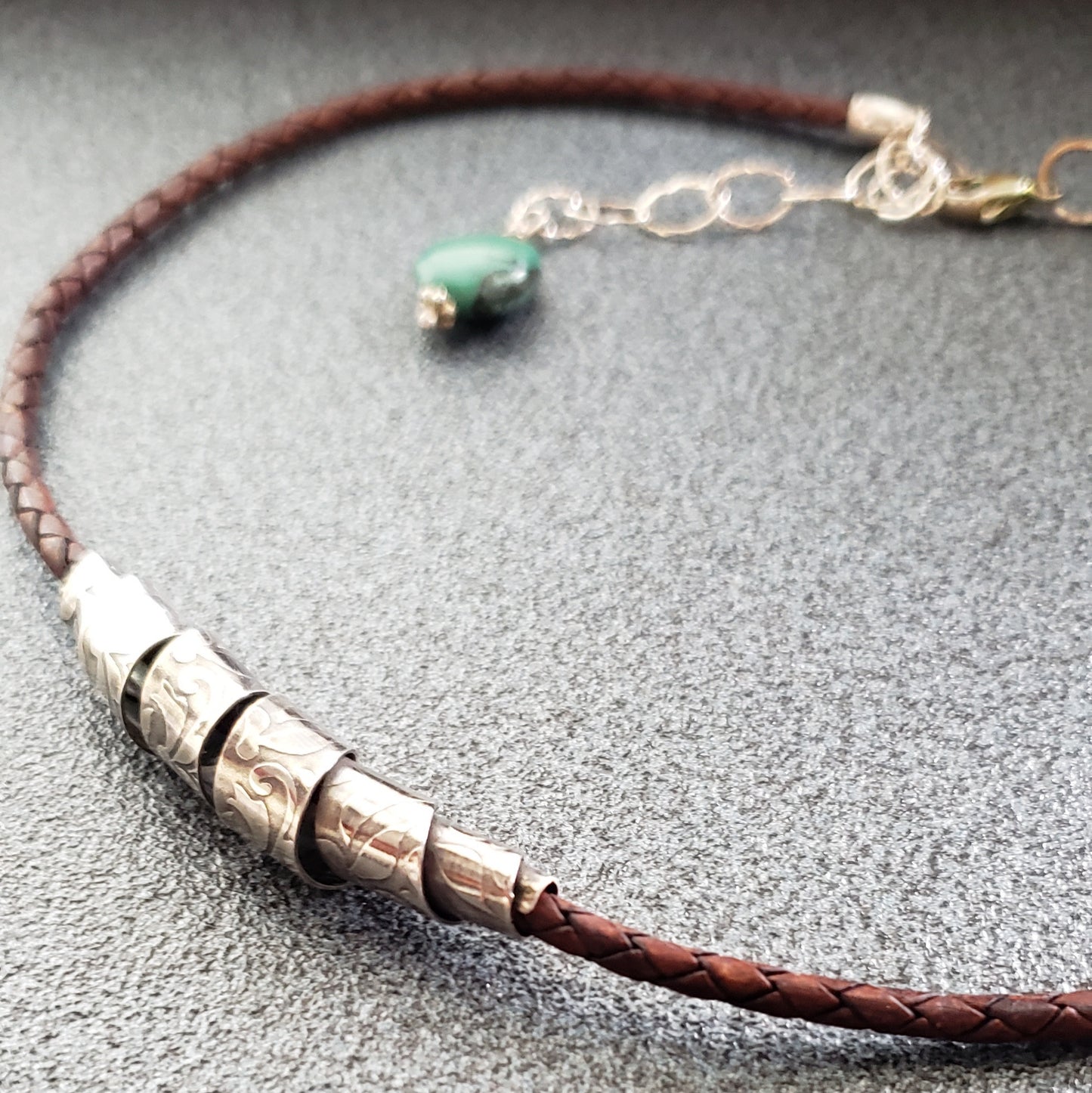 Sterling Ribbon Choker Necklace on Braided Leather with Turquoise Gemstone