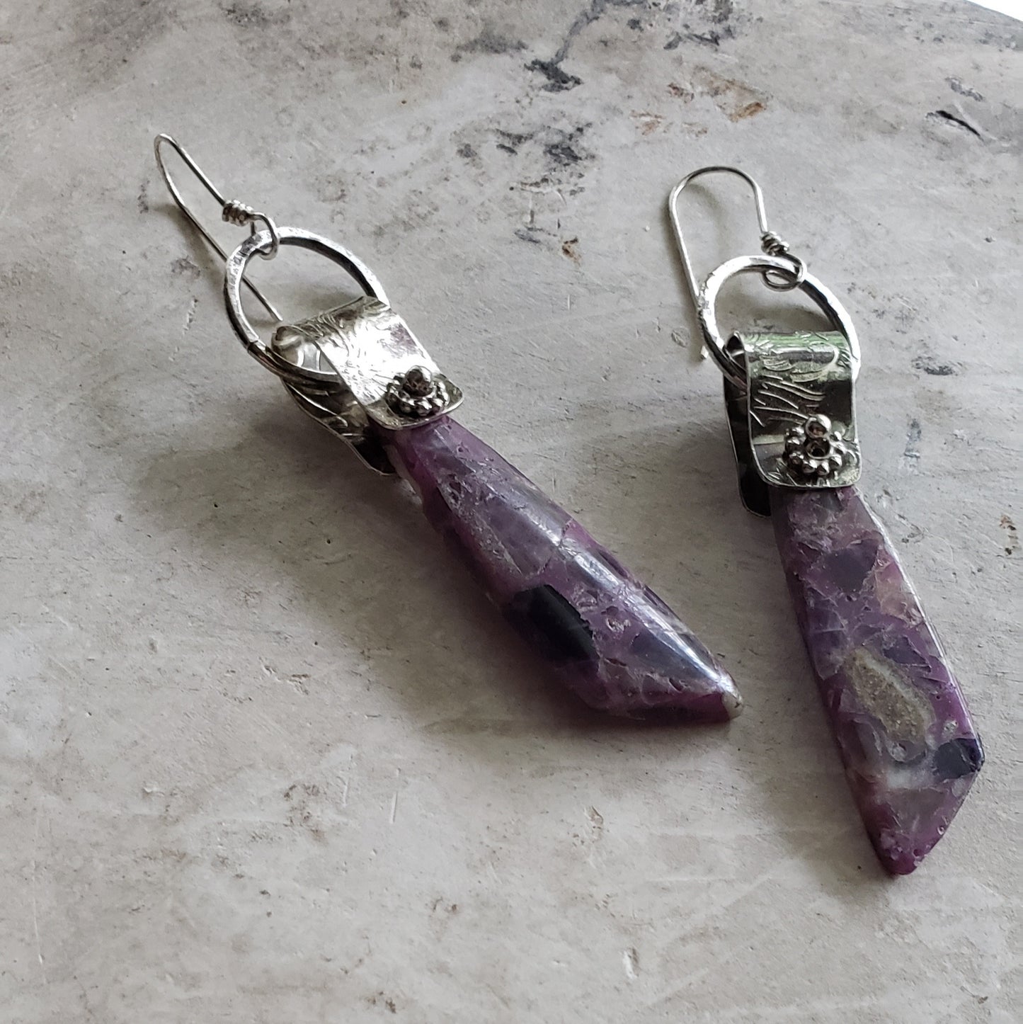 Amethyst Dangle Earrings with Sterling Embossed Bails.