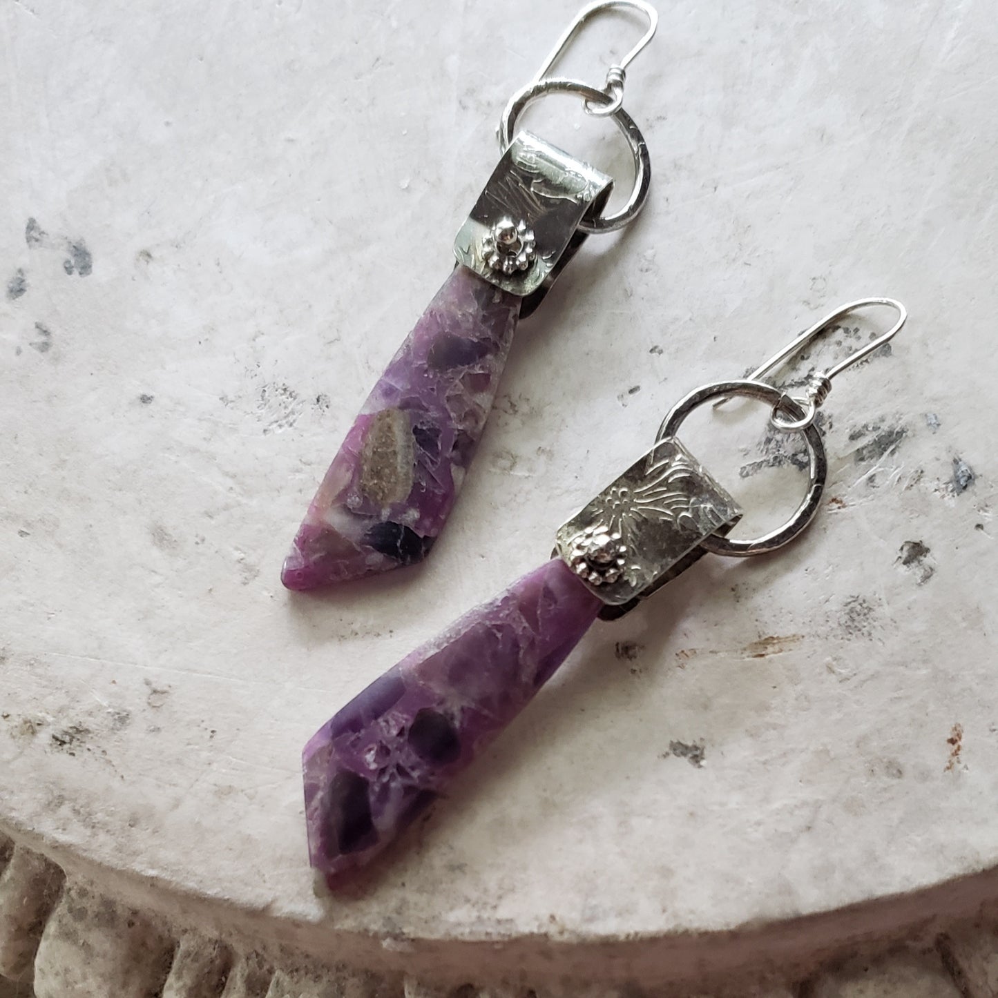 Amethyst Dangle Earrings with Sterling Embossed Bails.