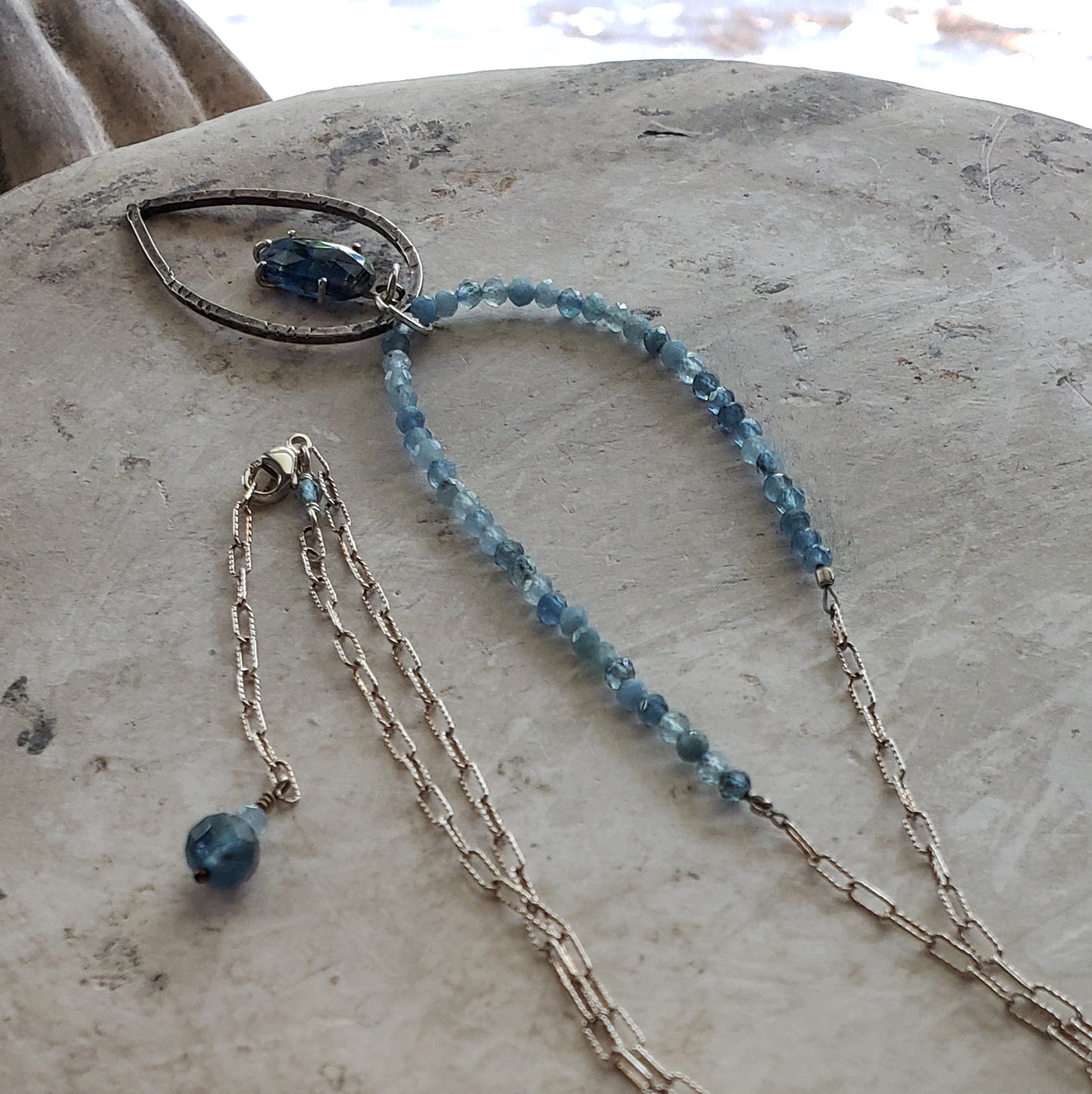 Kyanite and Aquamarine Necklace with Embossed Leaf Pendant