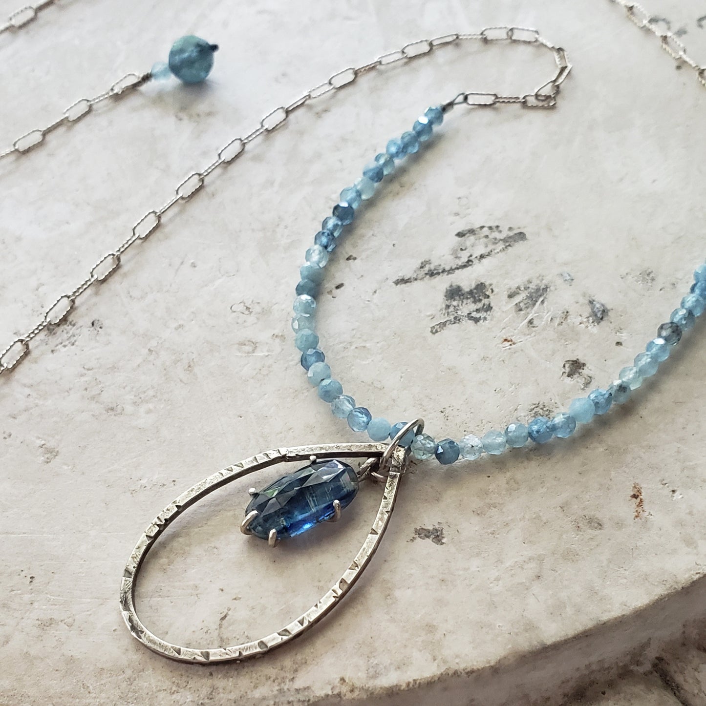 Kyanite and Aquamarine Necklace with Embossed Leaf Pendant