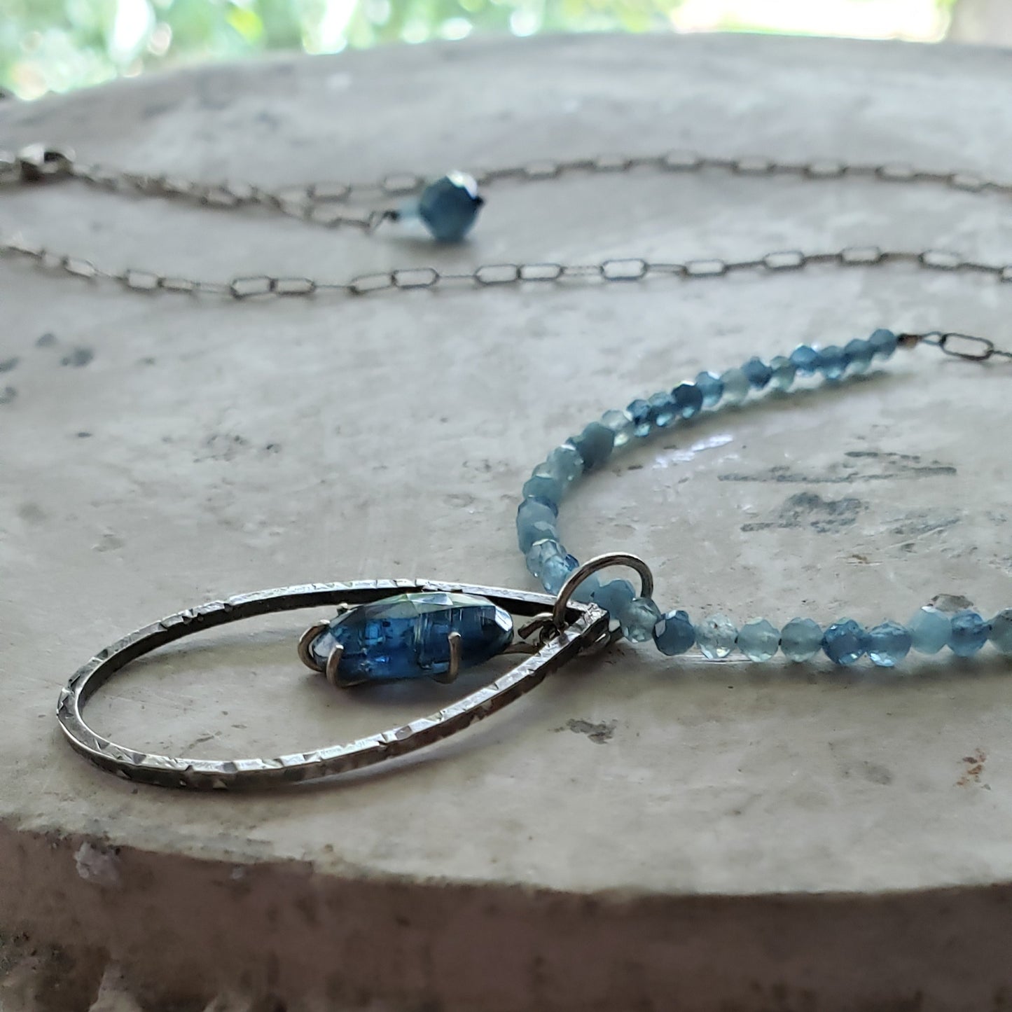 Kyanite and Aquamarine Necklace with Embossed Leaf Pendant