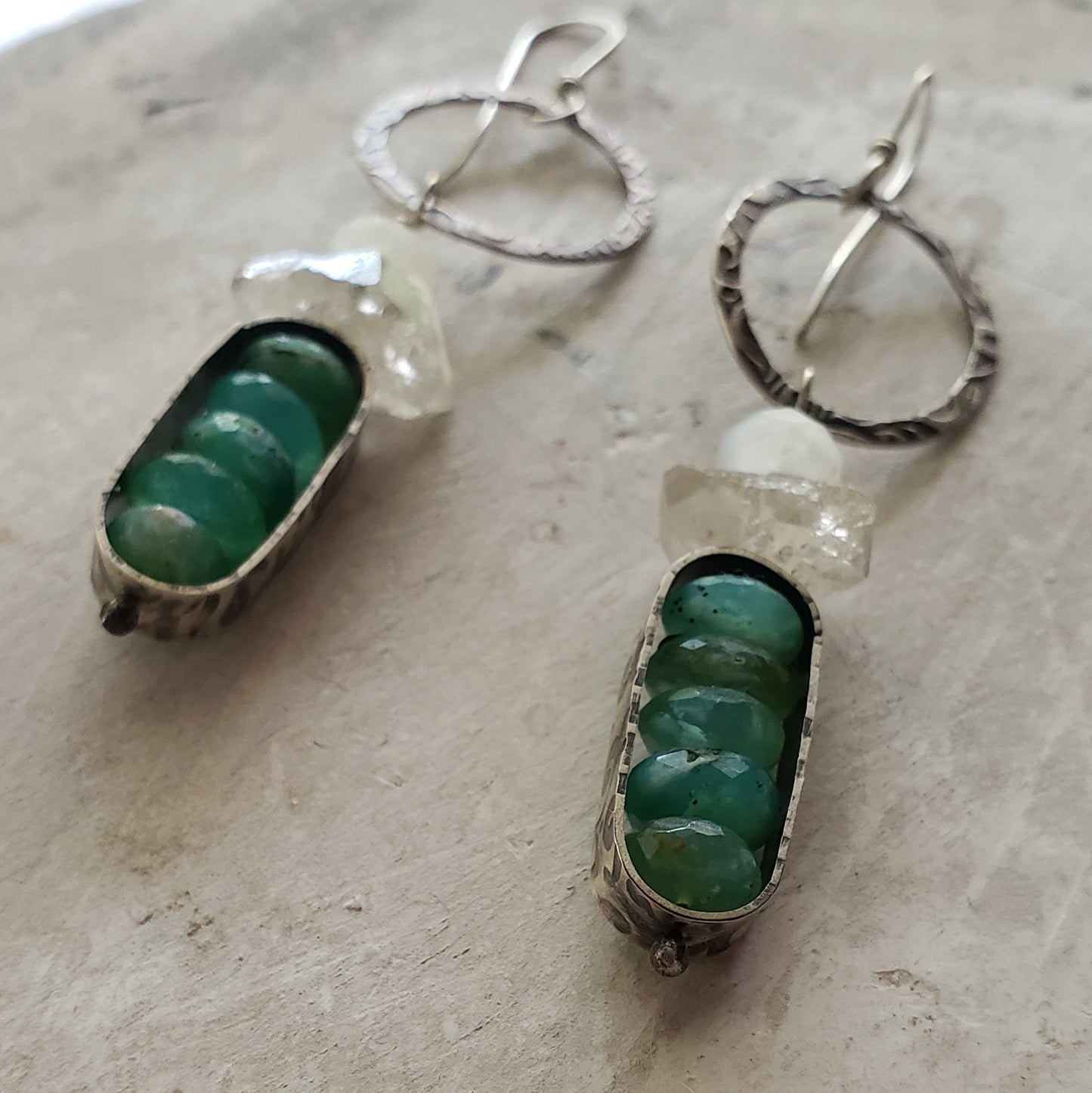 Peruvian Opal and Herkimer Diamond Gemstone Earrings with Embossed Hoops