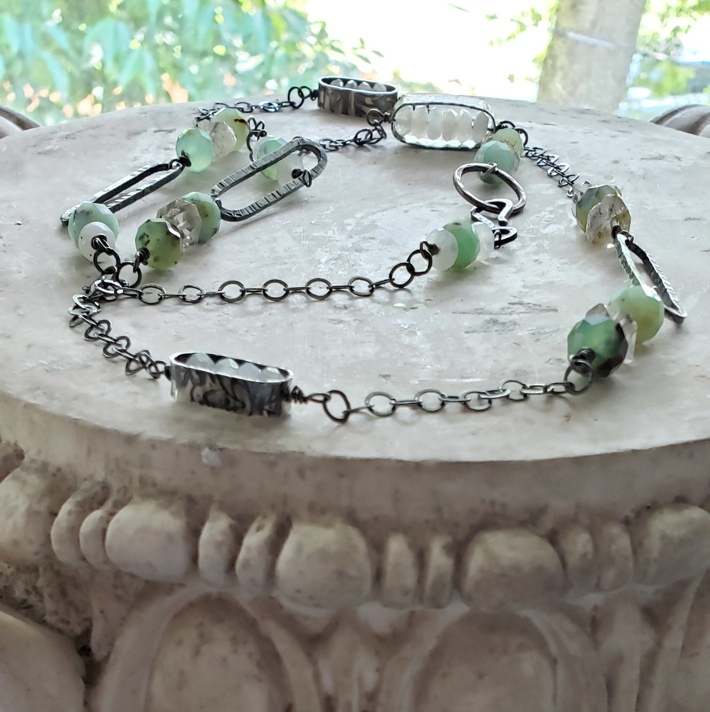 Long Sterling Paper clip Necklace with Crysoprase, Moonstone and Herkimer Diamond