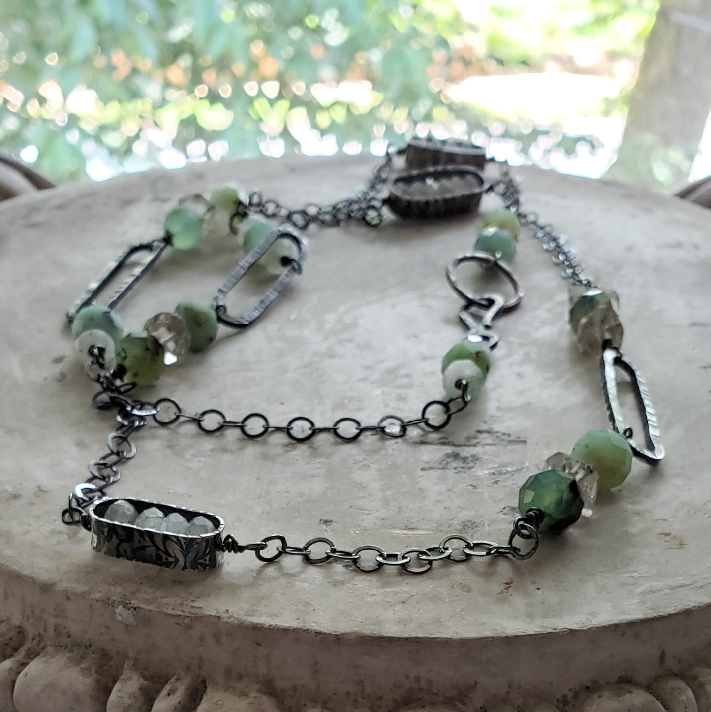 Long Sterling Paper clip Necklace with Crysoprase, Moonstone and Herkimer Diamond