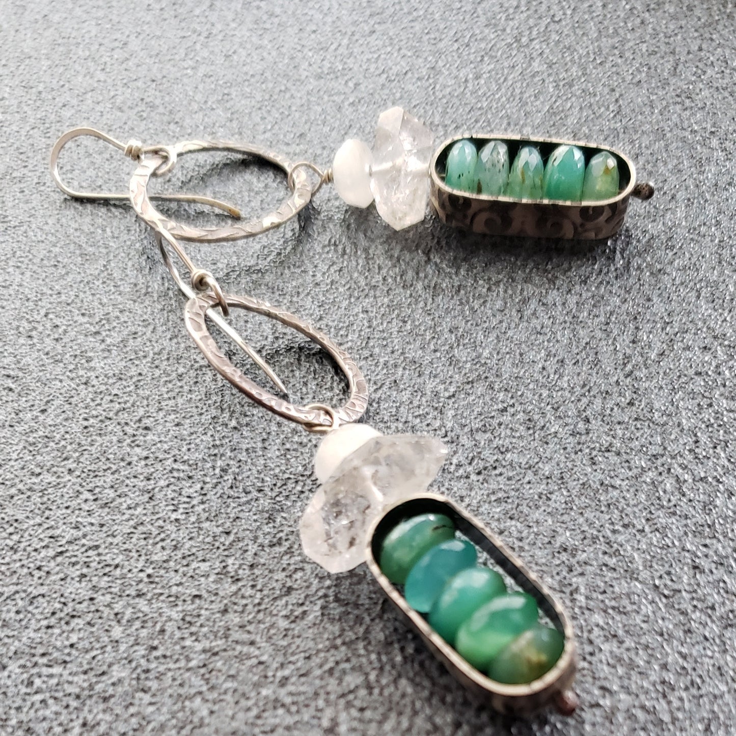 Peruvian Opal and Herkimer Diamond Gemstone Earrings with Embossed Hoops