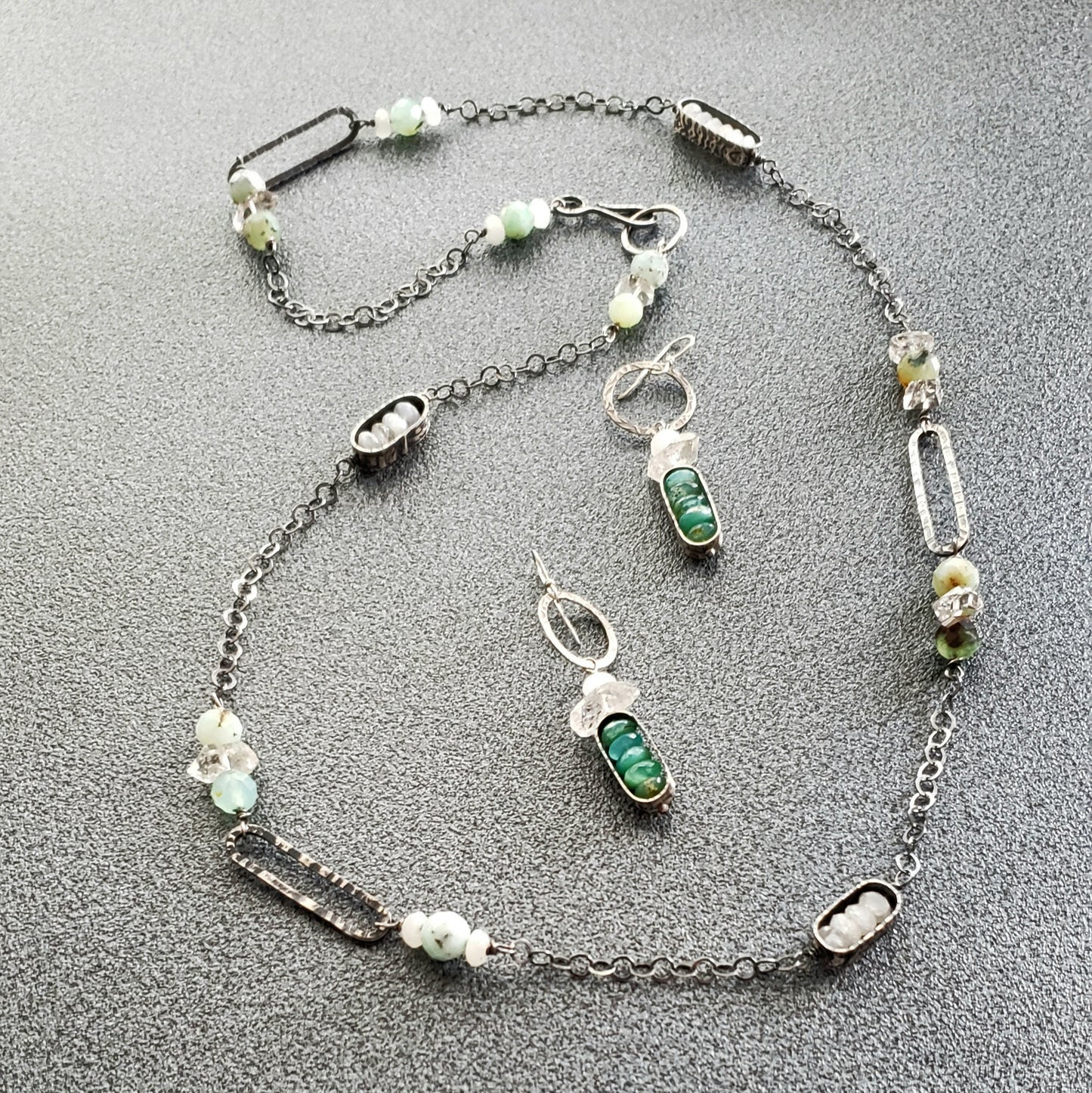 Long Sterling Paper clip Necklace with Crysoprase, Moonstone and Herkimer Diamond