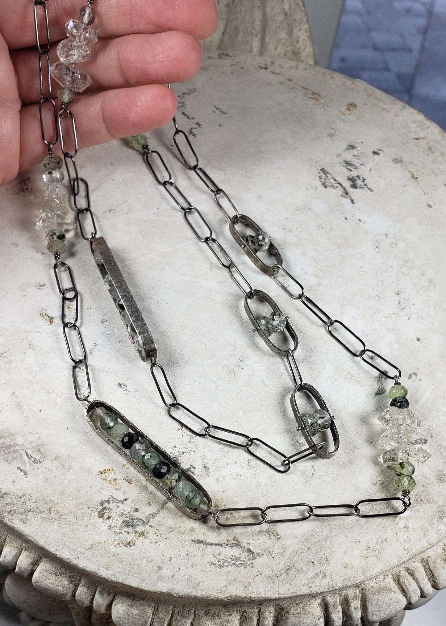 Sterling Paperclip Necklace with Herkimer Diamonds, Phantom Quartz, Prehnite and Biotite Mica