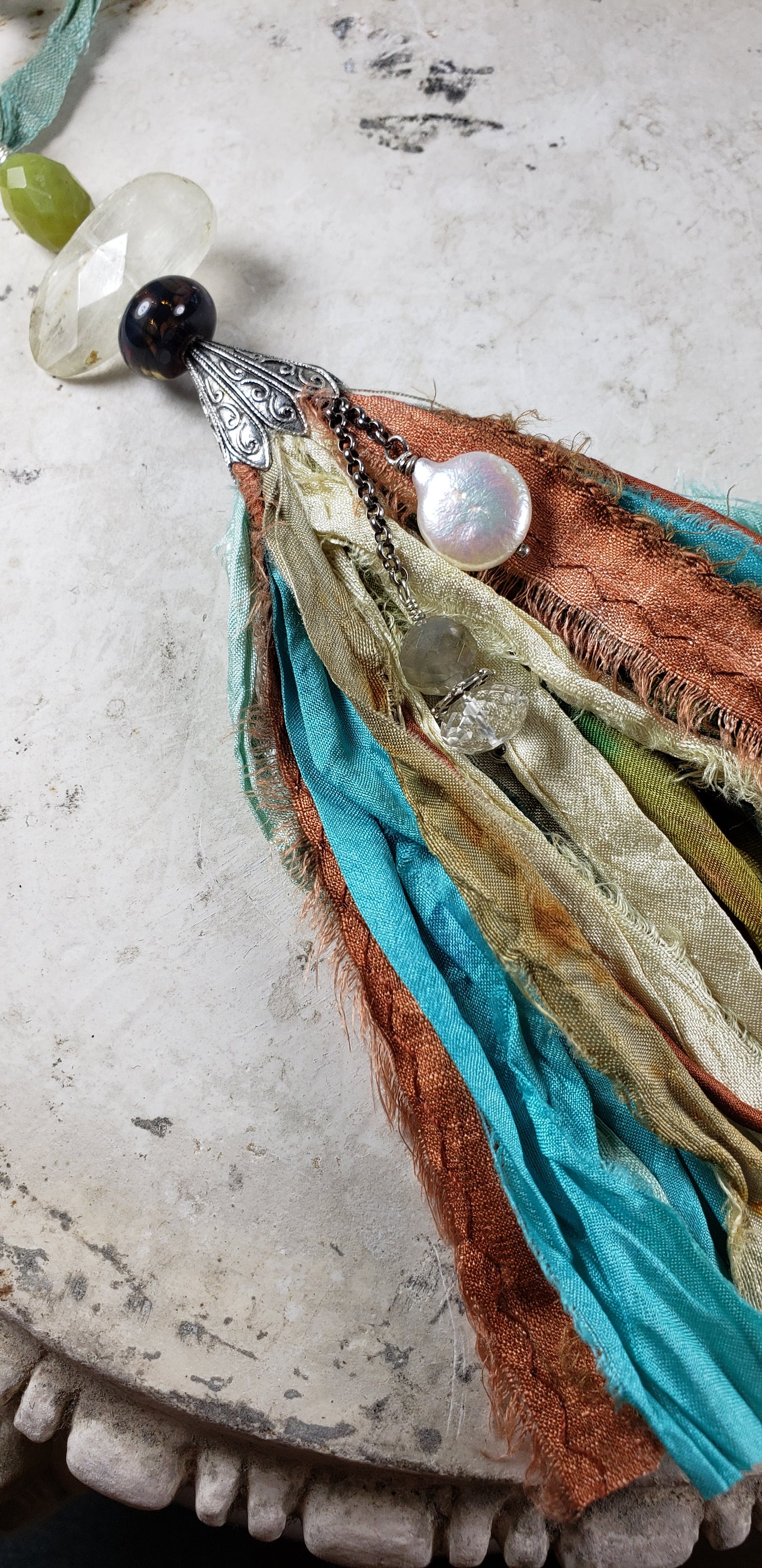 Silk Tassel with Natural Quartz and Fresh Water Pearl.