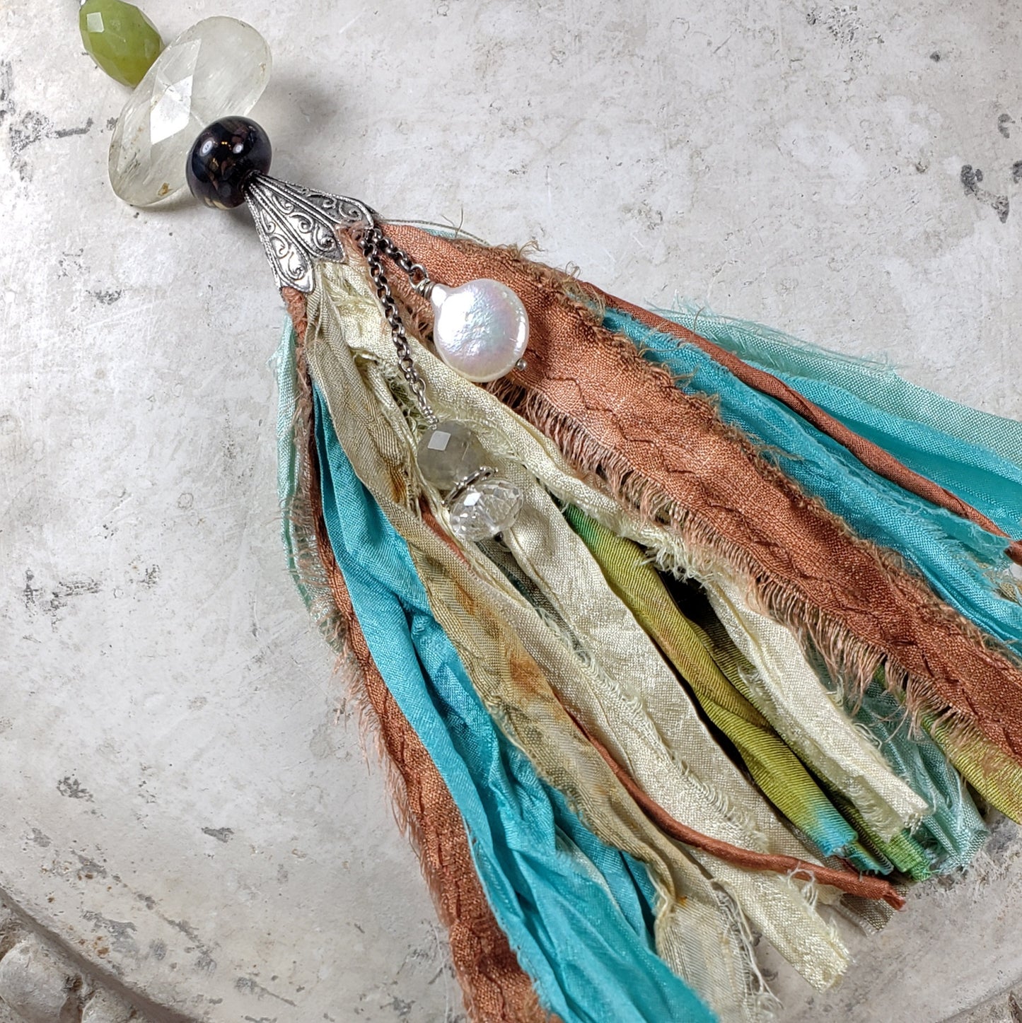 Silk Tassel with Natural Quartz and Fresh Water Pearl.