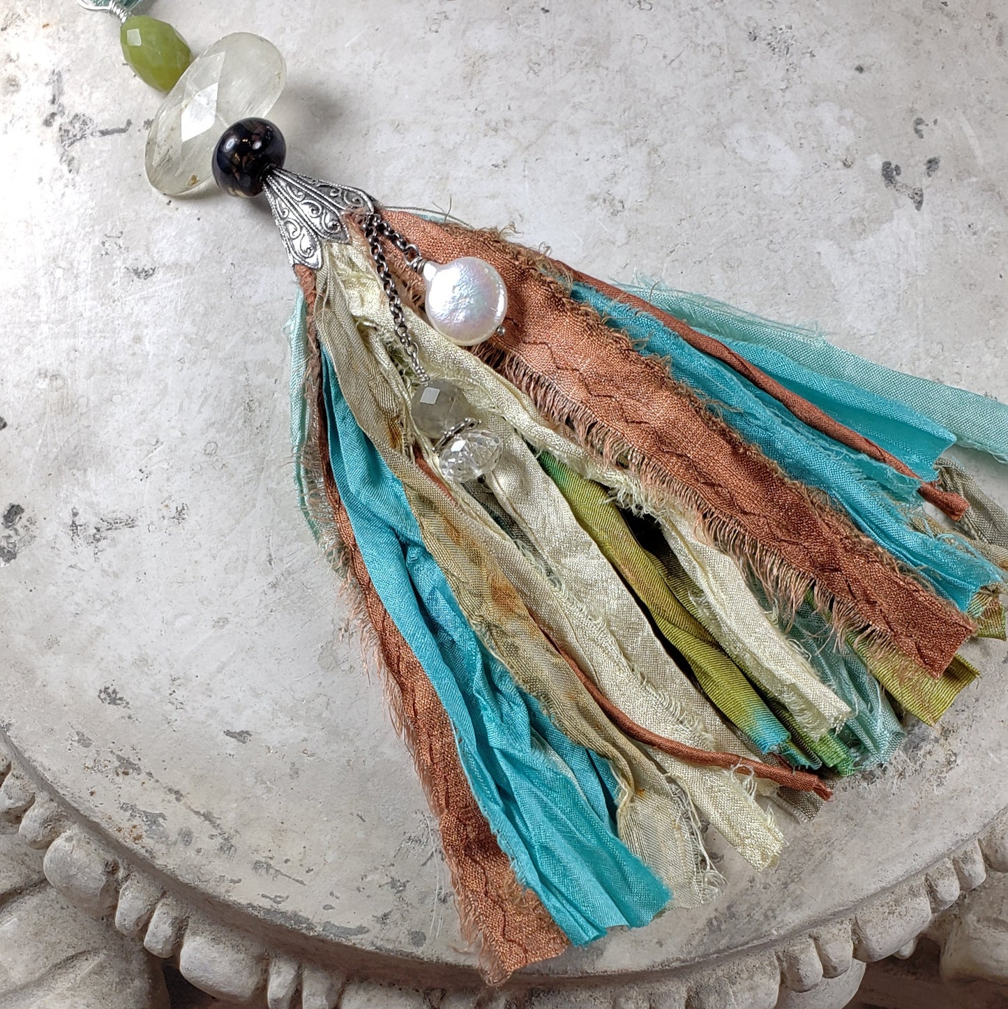 Silk Tassel with Natural Quartz and Fresh Water Pearl.