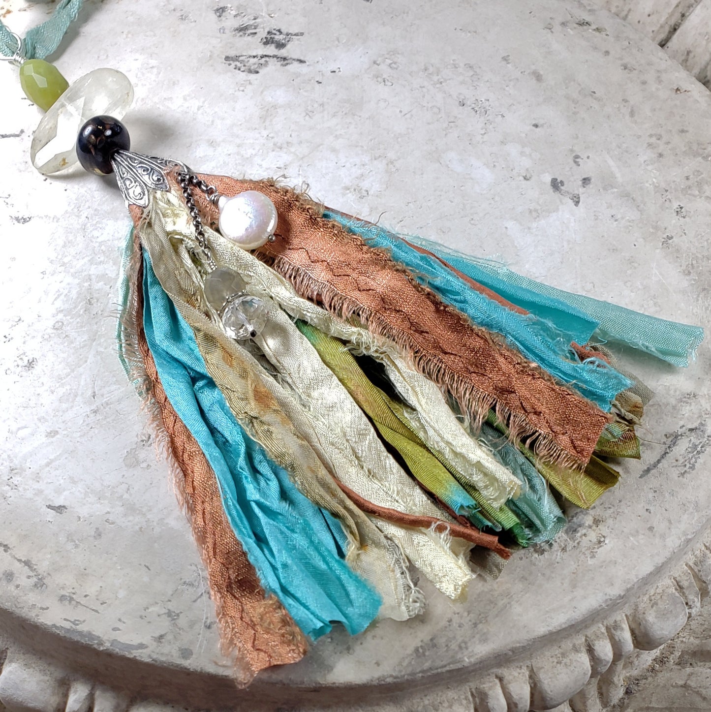Silk Tassel with Natural Quartz and Fresh Water Pearl.