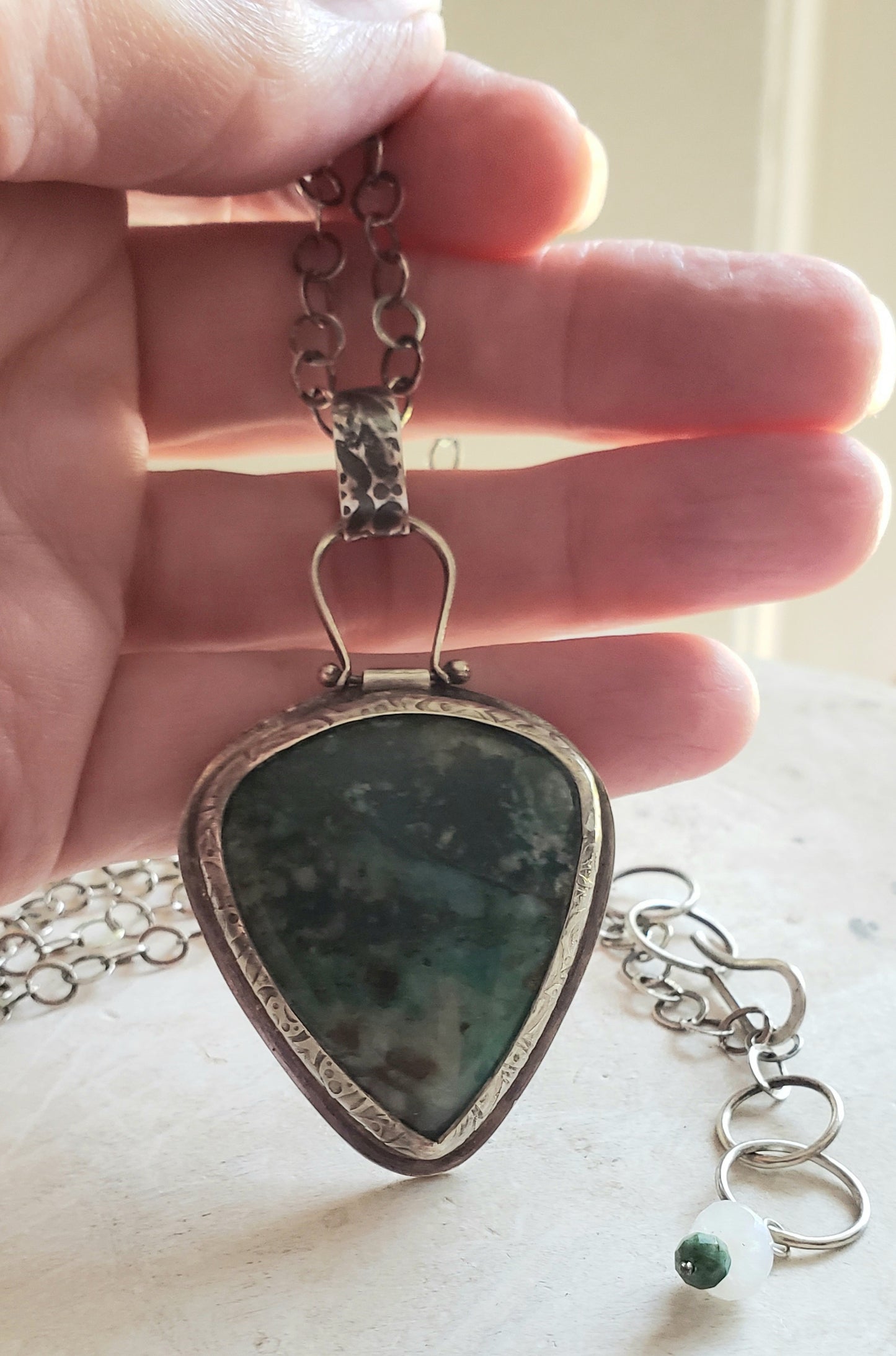 Chrysocolla Gemstone Pendant, Necklace with Botanical Embossed Setting