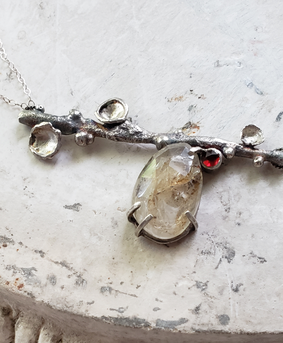 Twig Necklace with Herkimer Diamond and Garnet.