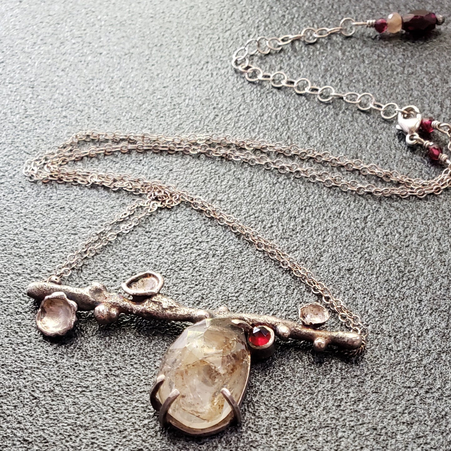 Twig Necklace with Herkimer Diamond and Garnet.
