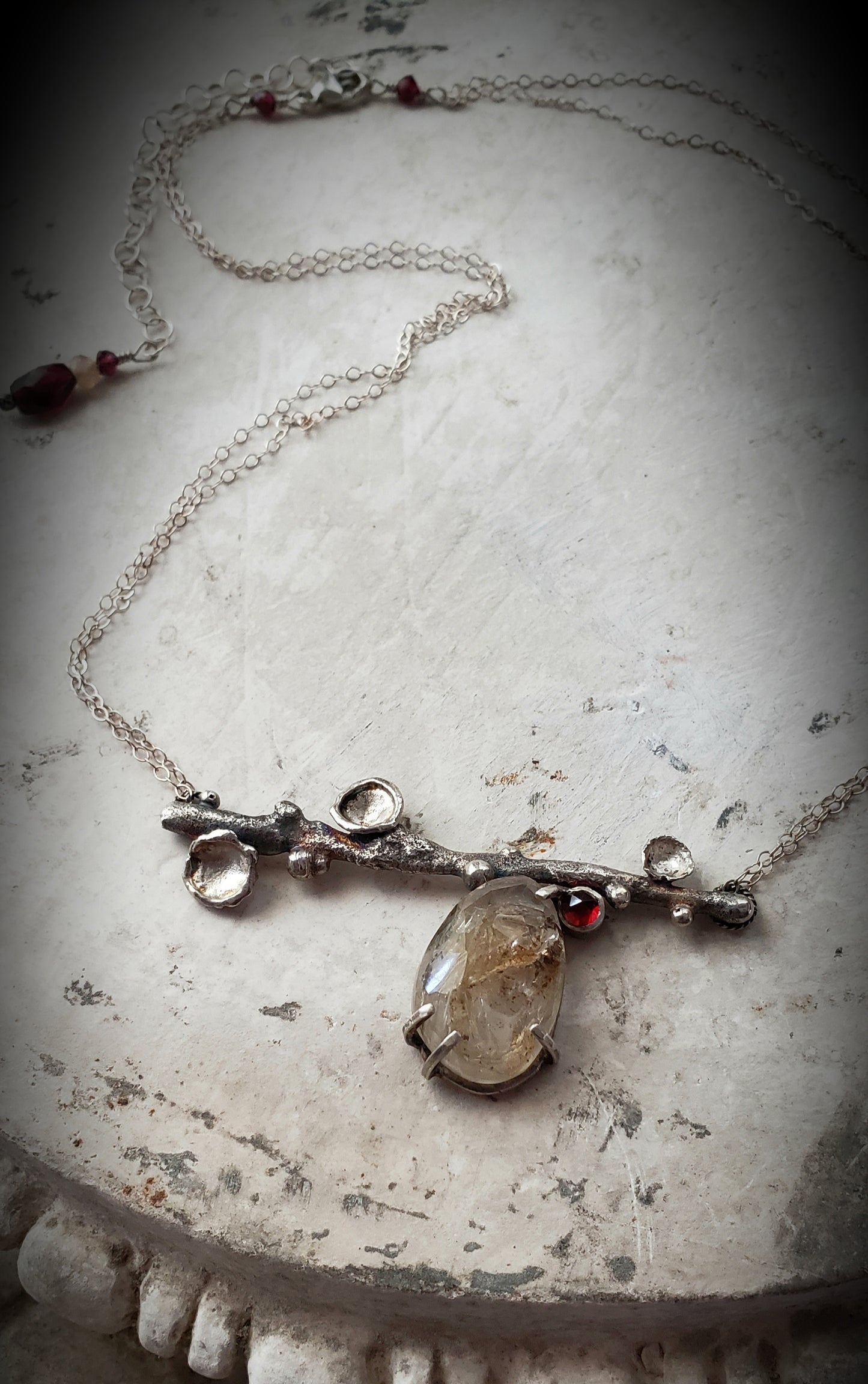 Twig Necklace with Herkimer Diamond and Garnet.