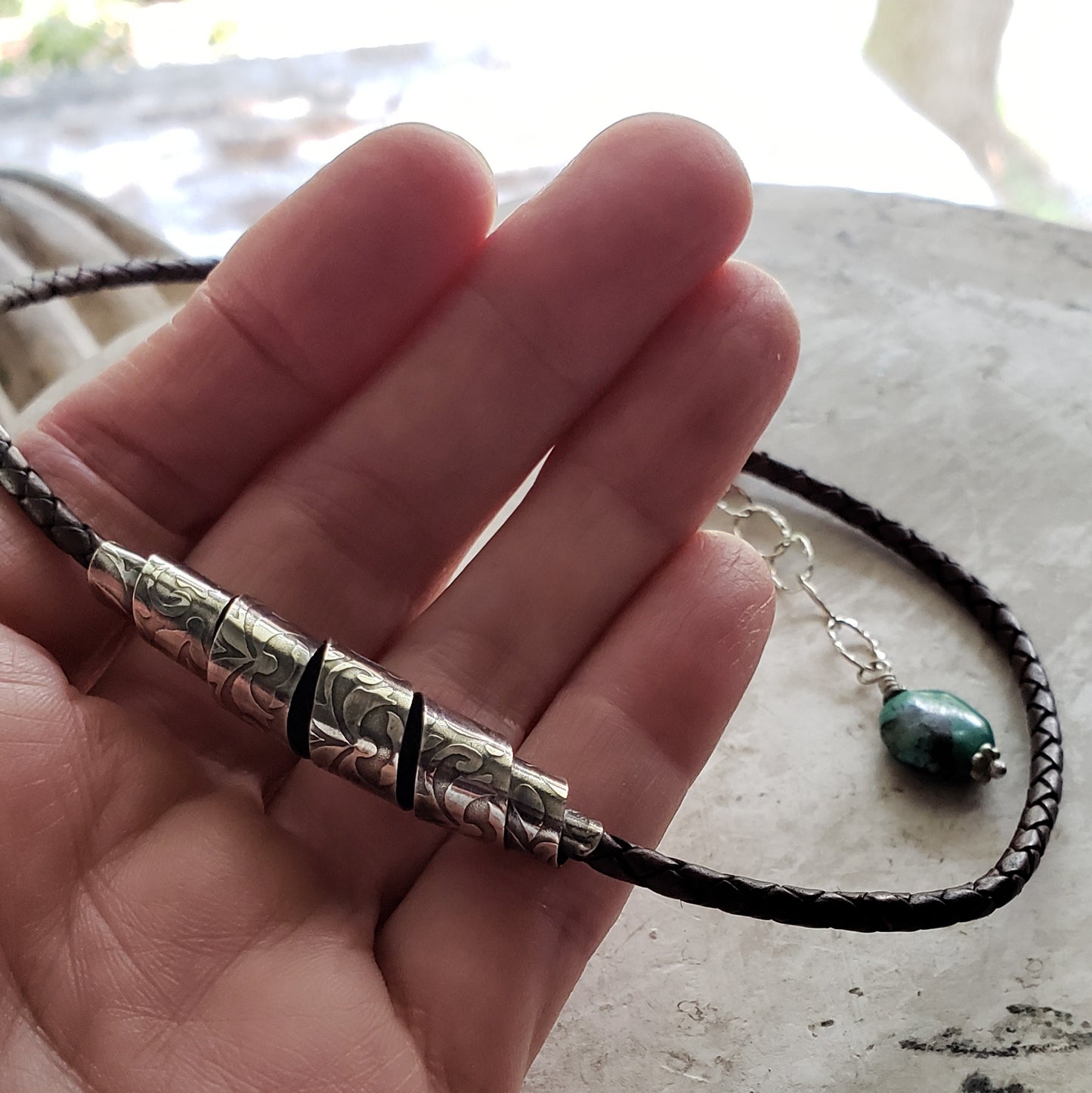 Sterling Ribbon Choker Necklace on Braided Leather with Turquoise Gemstone