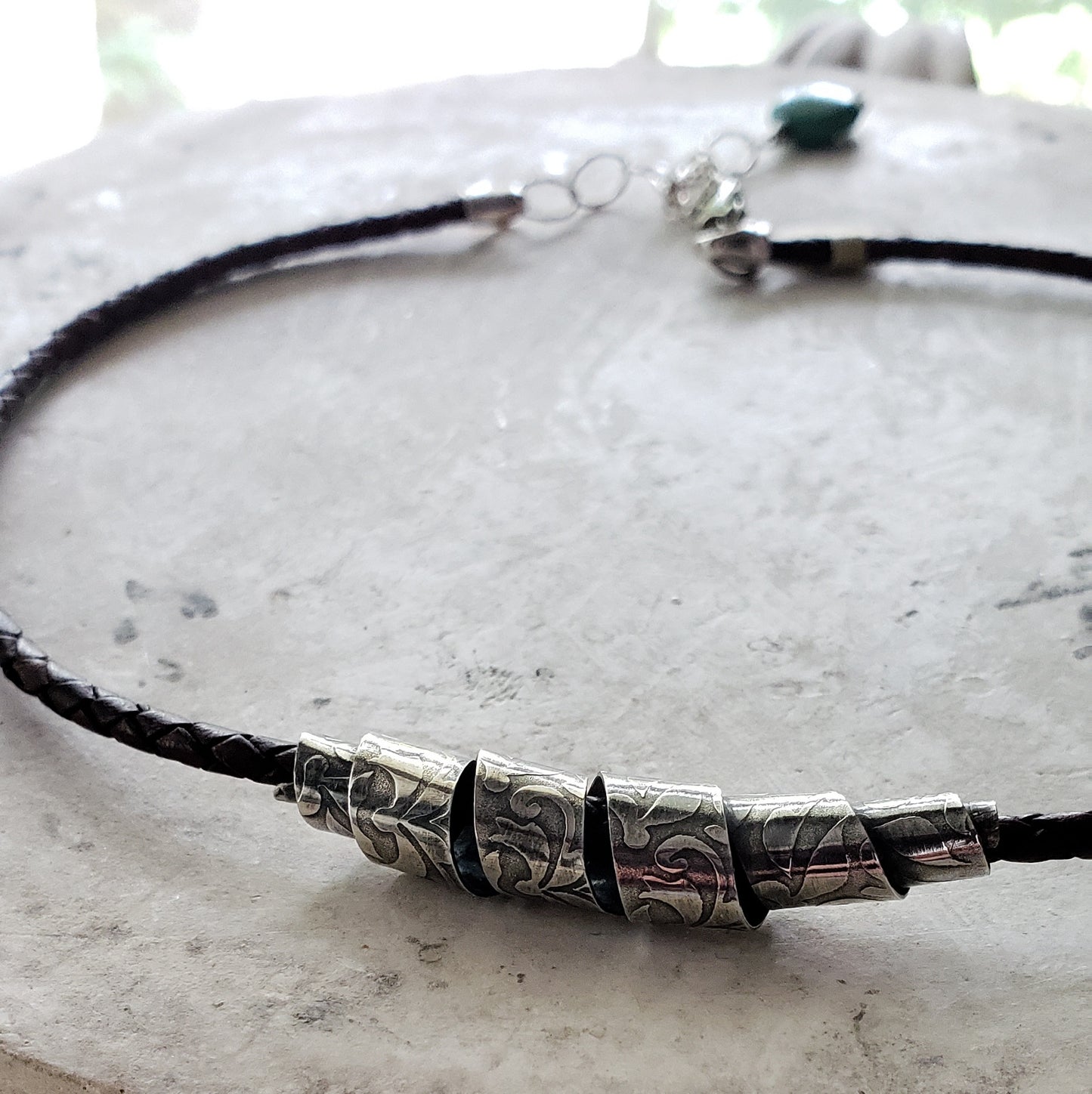 Sterling Ribbon Choker Necklace on Braided Leather with Turquoise Gemstone