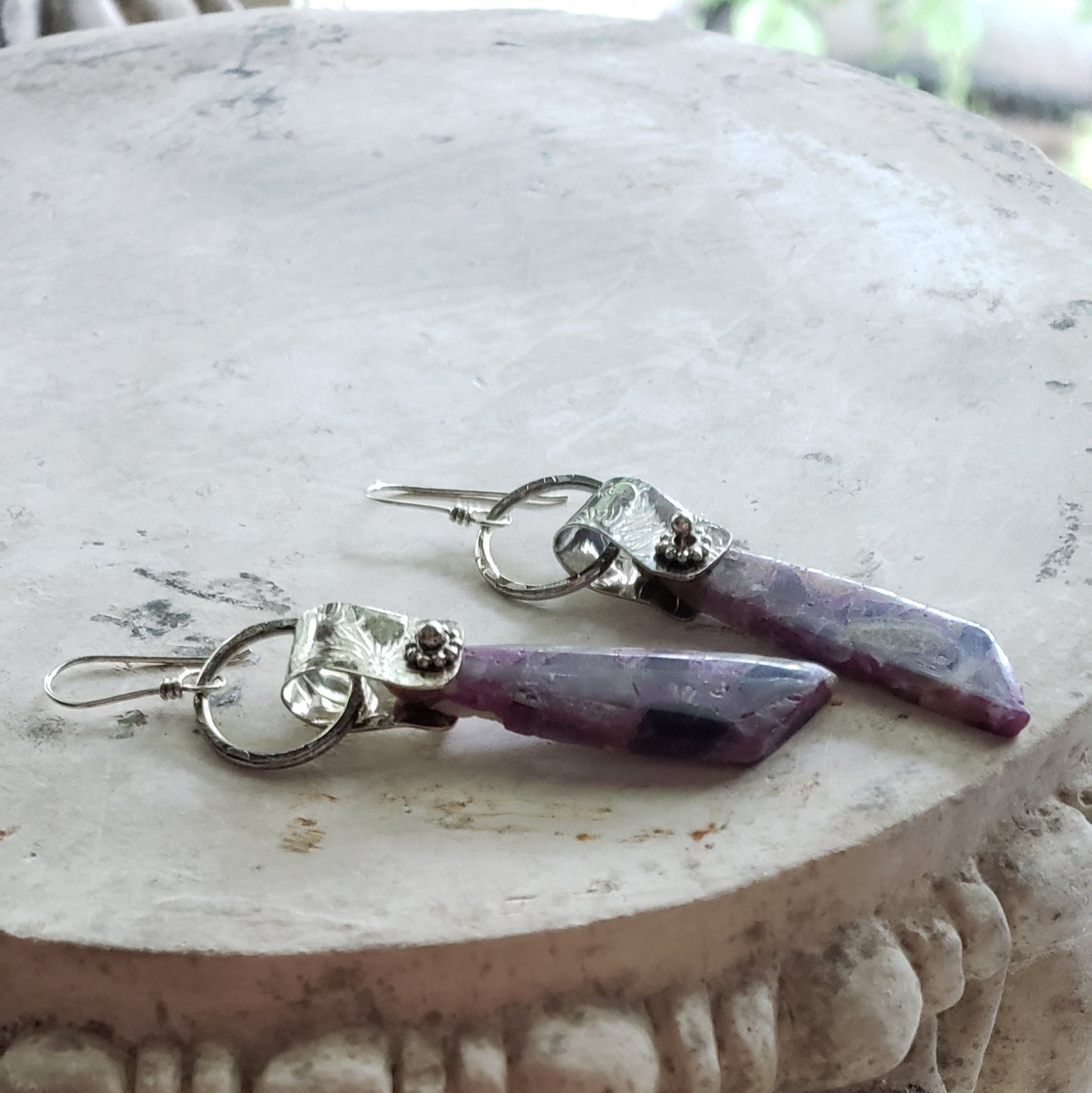 Amethyst Dangle Earrings with Sterling Embossed Bails.