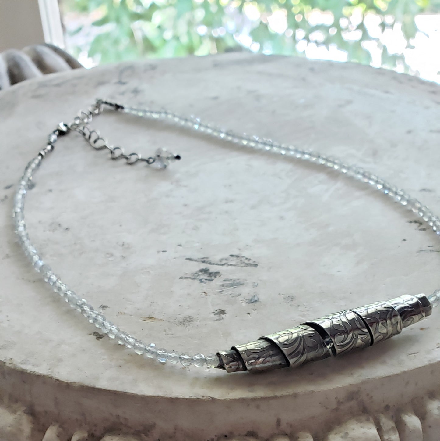 Labradorite Choker Necklace with Sterling Silver Ribbon