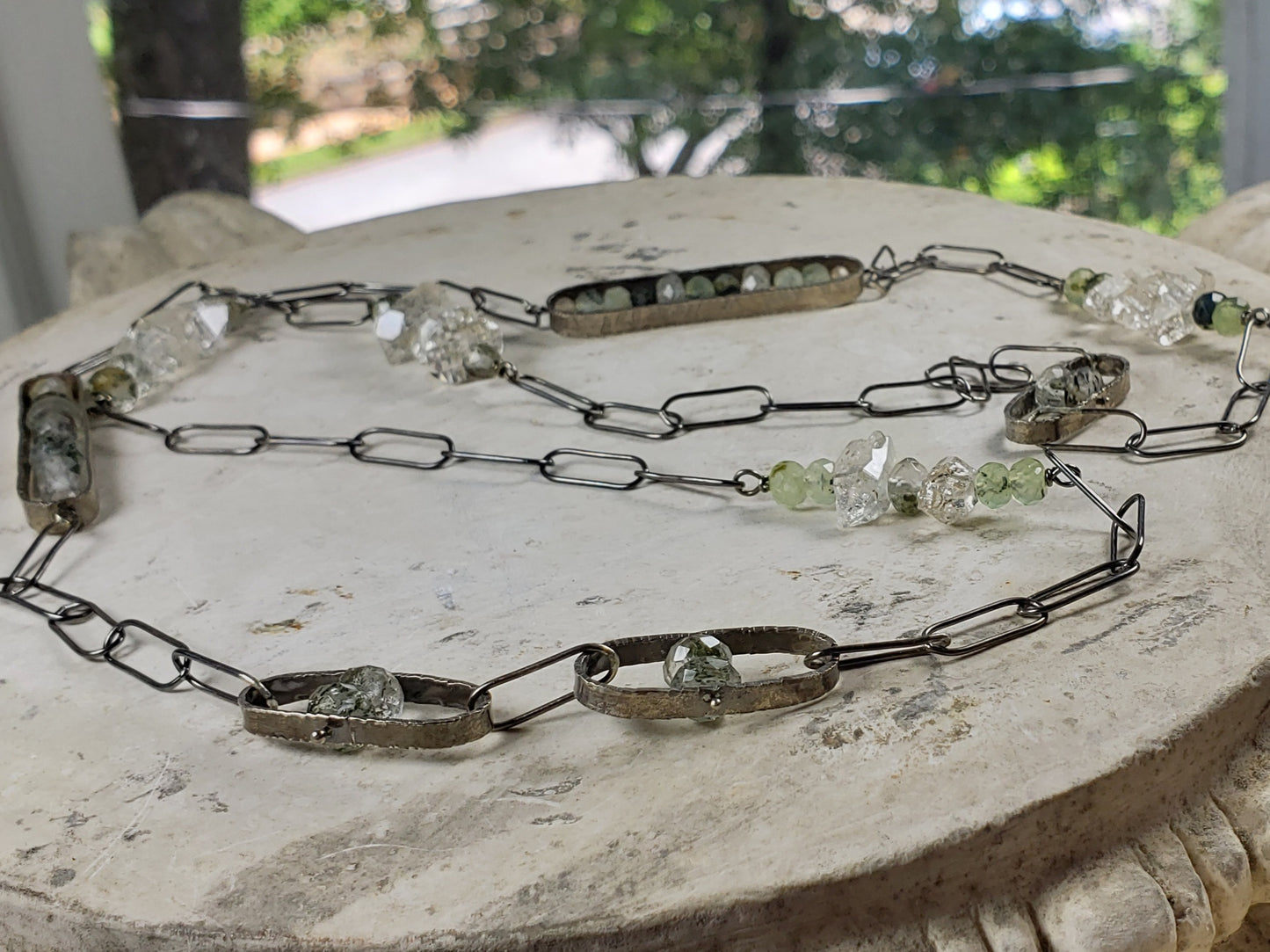 Sterling Paperclip Necklace with Herkimer Diamonds, Phantom Quartz, Prehnite and Biotite Mica