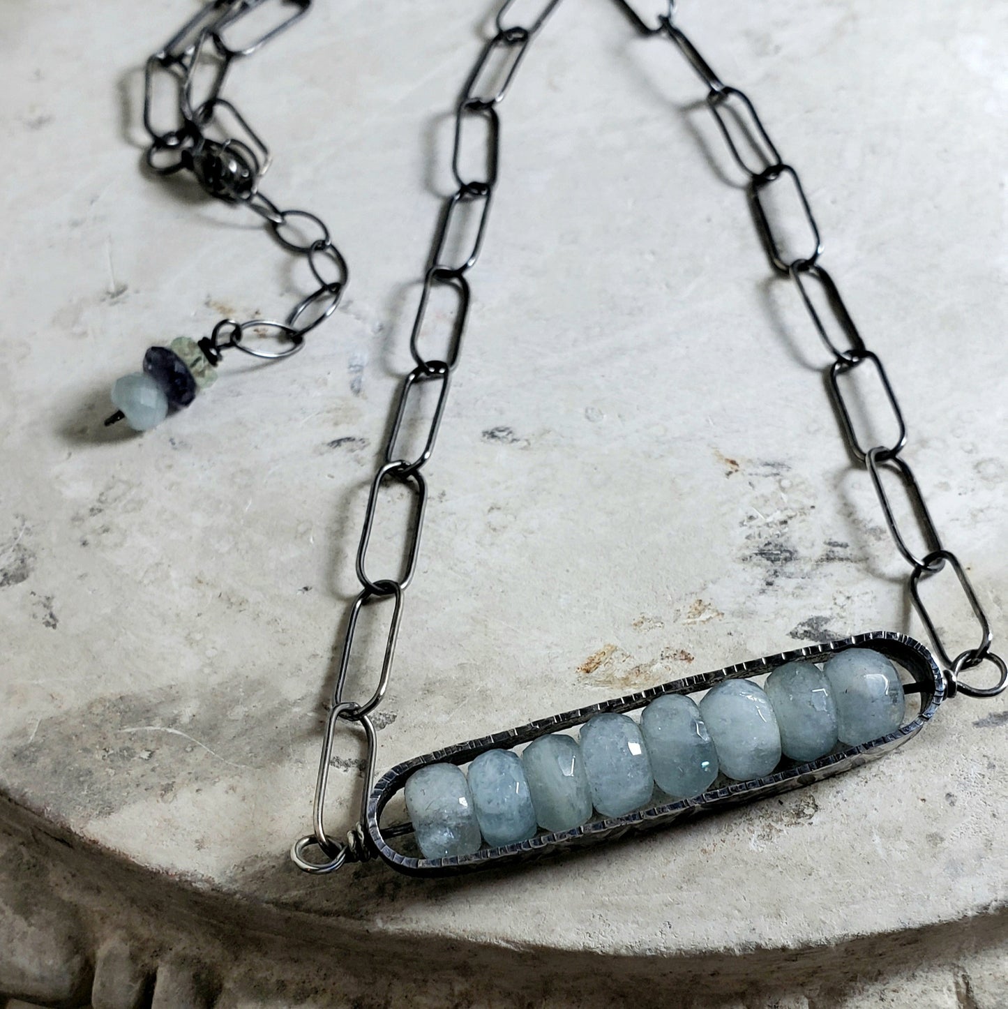 Aquamarine Bar Necklace with Embossed Frame and Sterling Paperclip Chain