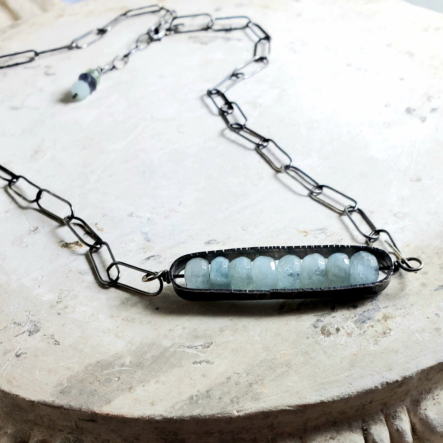 Aquamarine Bar Necklace with Embossed Frame and Sterling Paperclip Chain